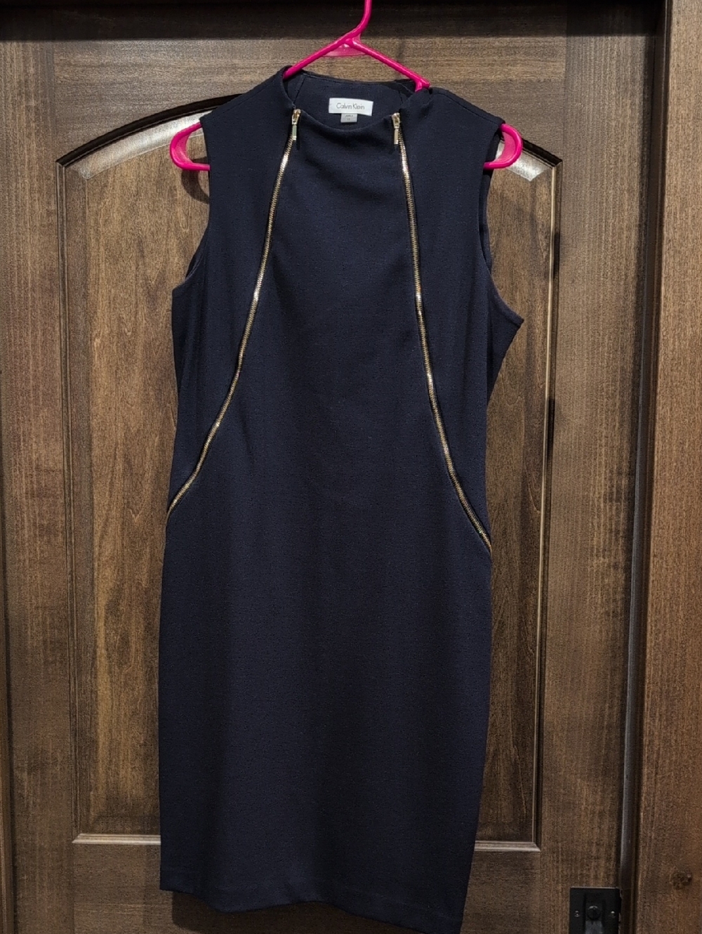 Calvin Klein Navy Sleeveless Sheath Dress with Gold Zipper Trim